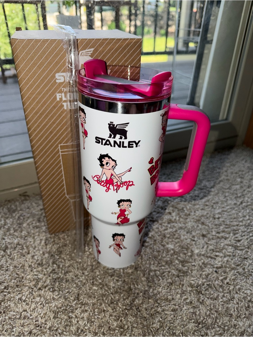 Stanley White Tumbler with Bright Pink Handle and Lid featuring Betty Boop